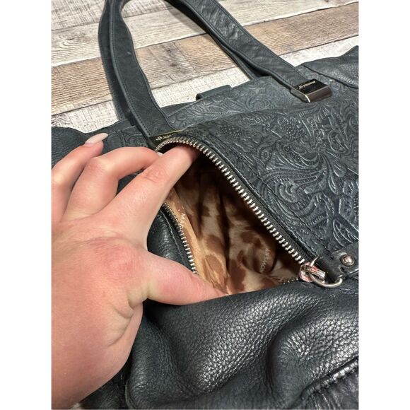 Vintage y2k B Makowsky Black Genuine Leather Embossed Floral Detail Tote Handbag - Picture 6 of 12